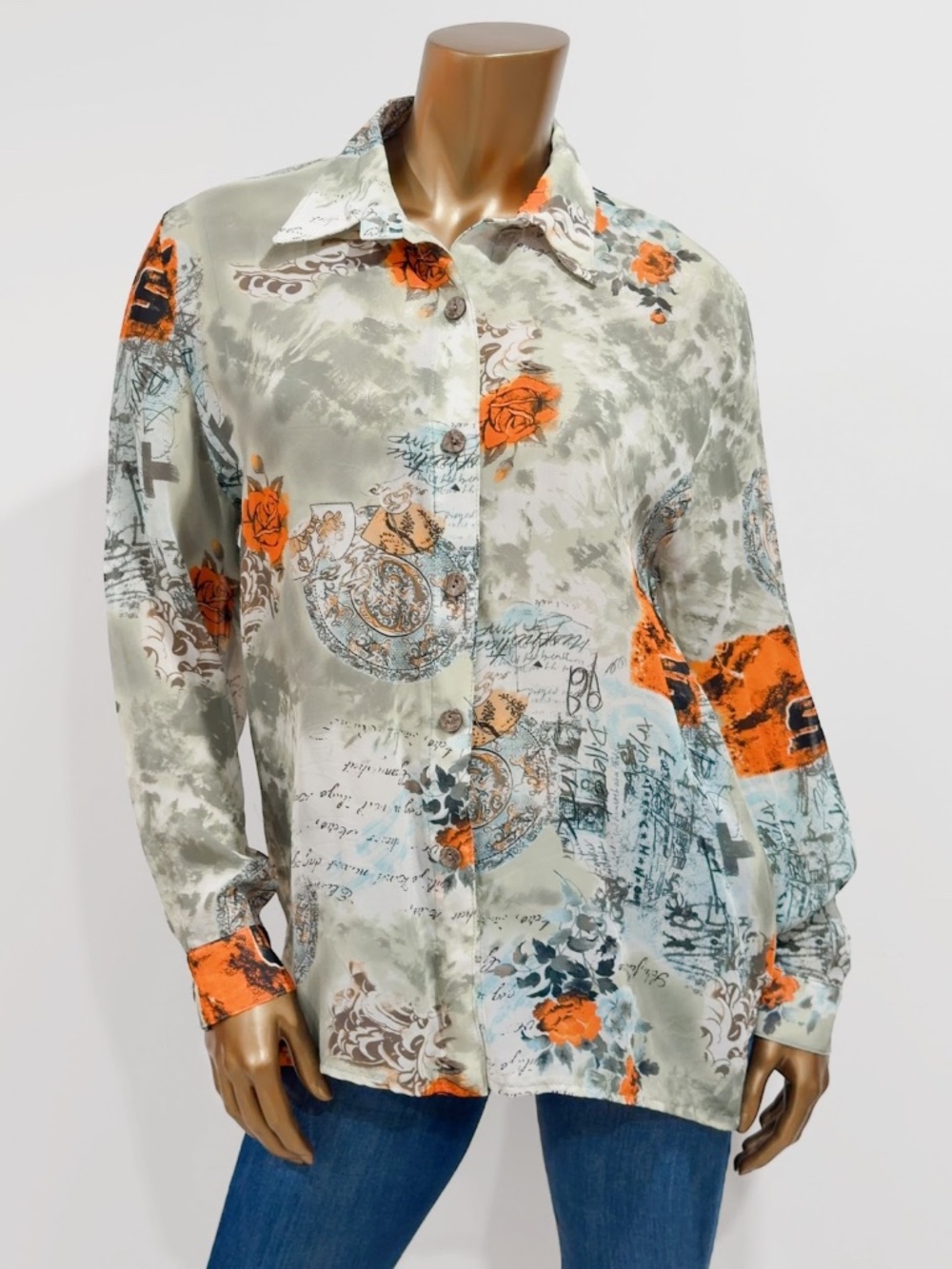 Lettys Vintage Y2K Floral Patterned Long Sleeve Button Down Shirt Top Size M